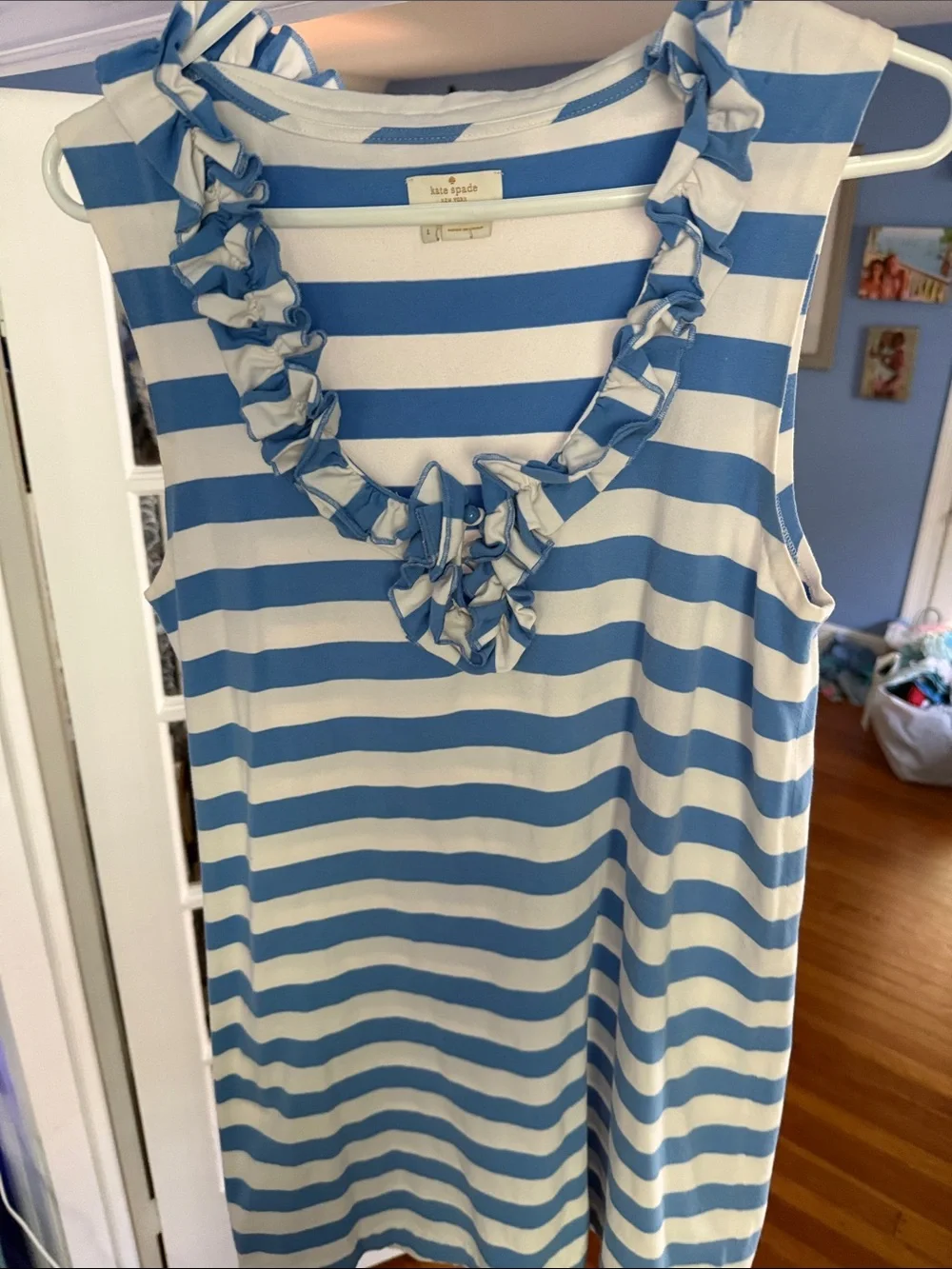 kate spade Blue and White Striped V-neck Ruffle mini dress